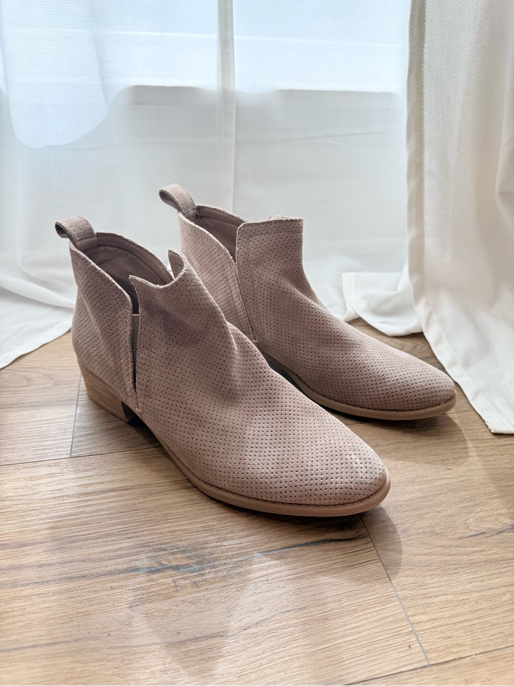 Dolce Vita Women's Perforated Suede Ankle Booties in Taupe